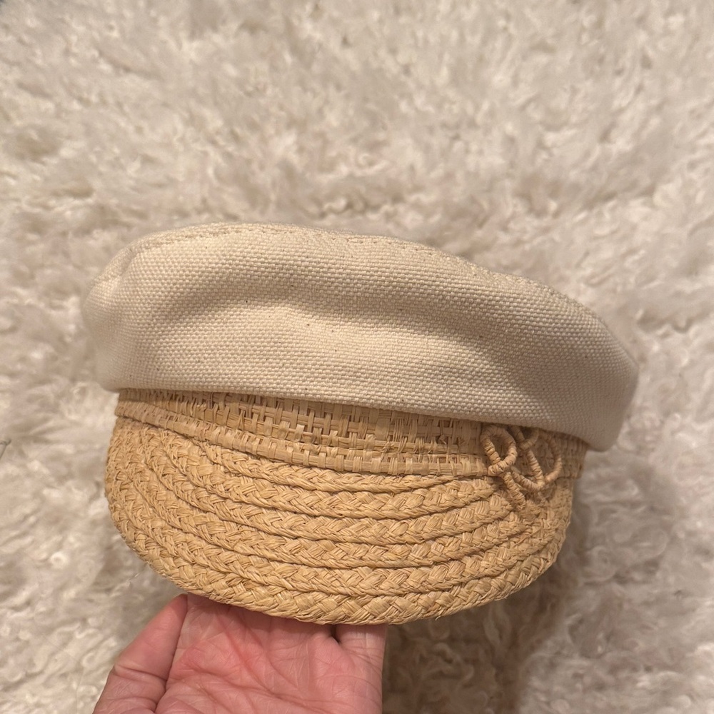 Monogram Embellished Combined Cap Beret in Light Beige